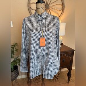 New Etro Italy White and Blue Paisley & Geometric Button Down Shirt